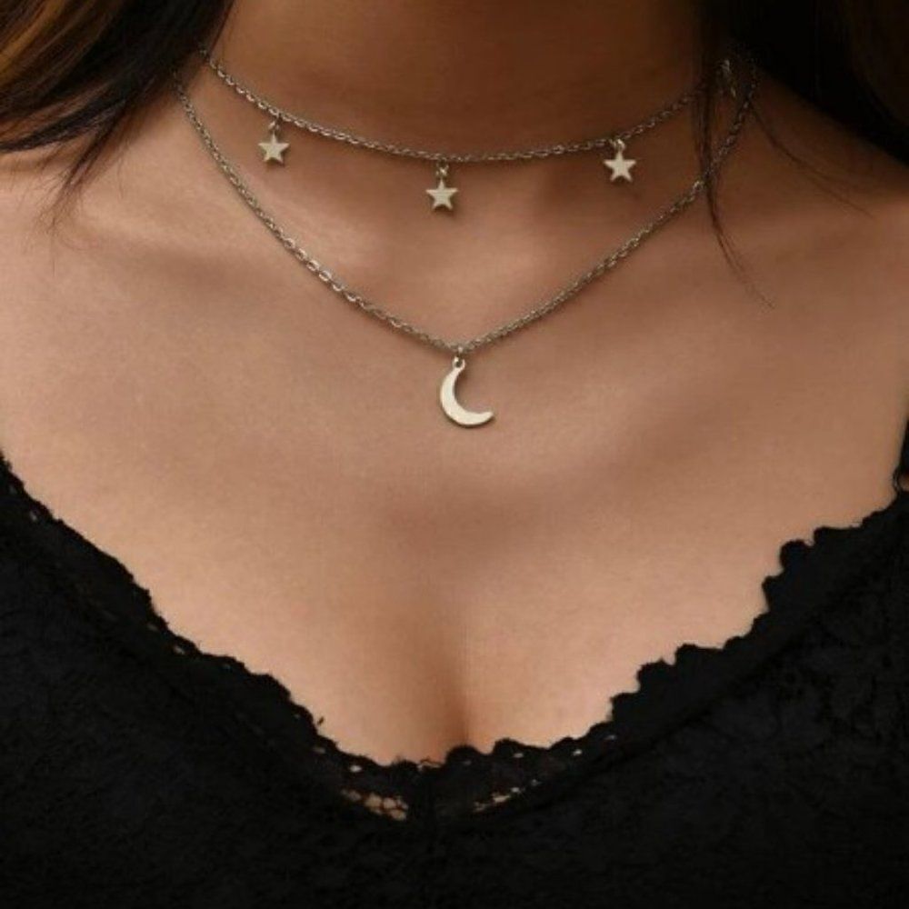 SILVER CRESCENT MOON AND STAR LAYERED NECKLACE
